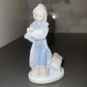 Vintage K's Collection Ceramic Figurine Girl Carrying Dog Blue White